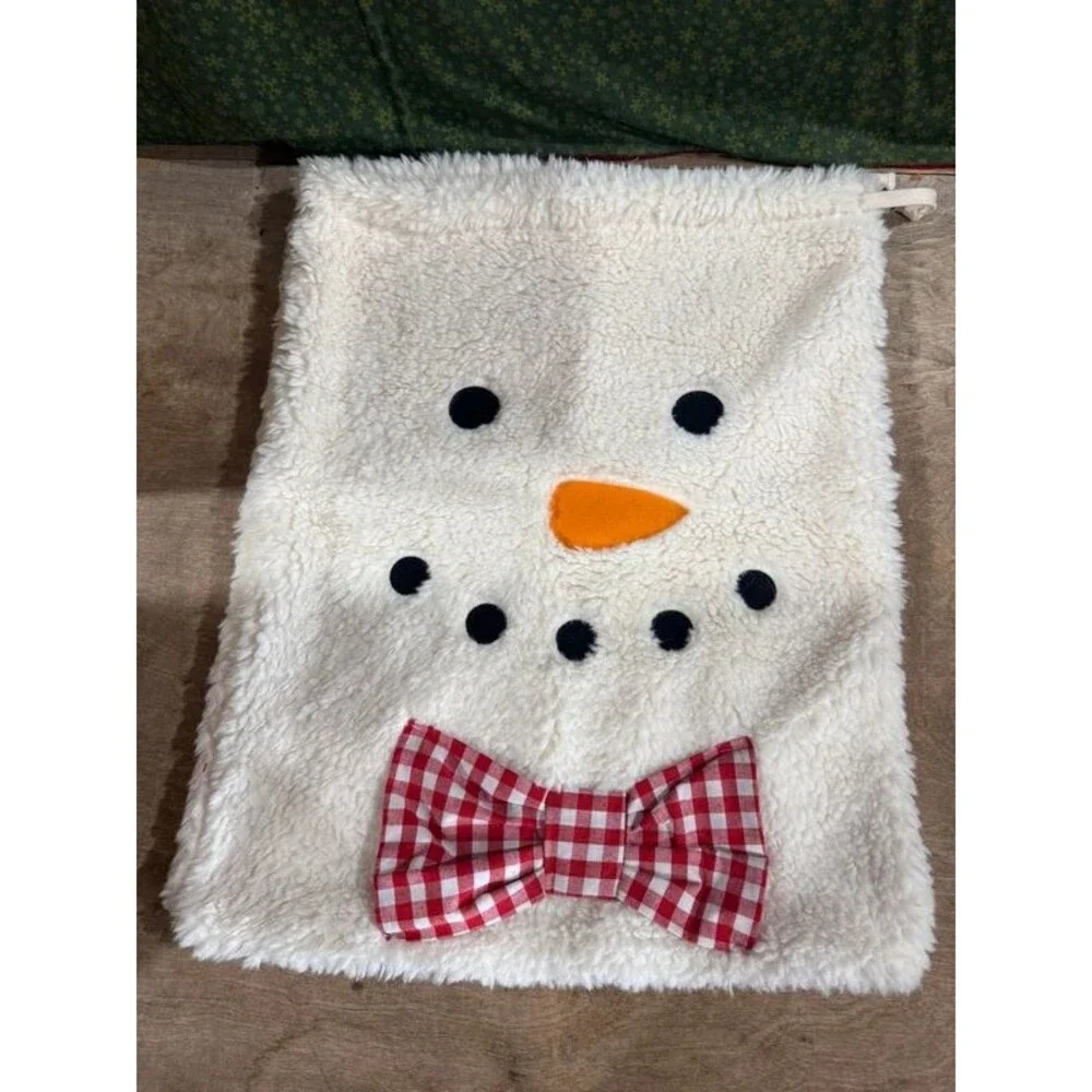 Plush Snowman Drawstring Bag Red Gingham Bow